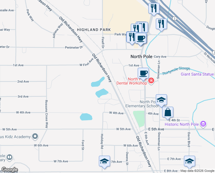 map of restaurants, bars, coffee shops, grocery stores, and more near 2533 Old Richardson Highway in Fairbanks