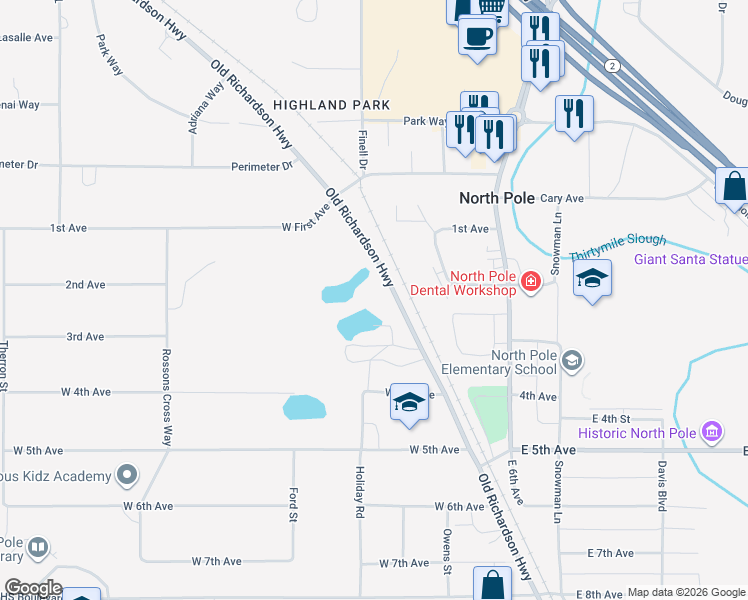 map of restaurants, bars, coffee shops, grocery stores, and more near 2533 Old Richardson Highway in Fairbanks