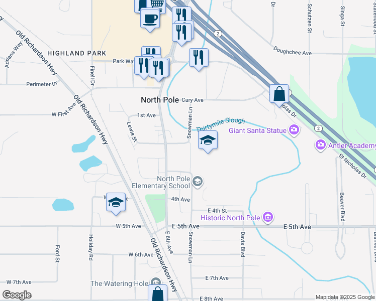 map of restaurants, bars, coffee shops, grocery stores, and more near 168 Kevins Way in North Pole