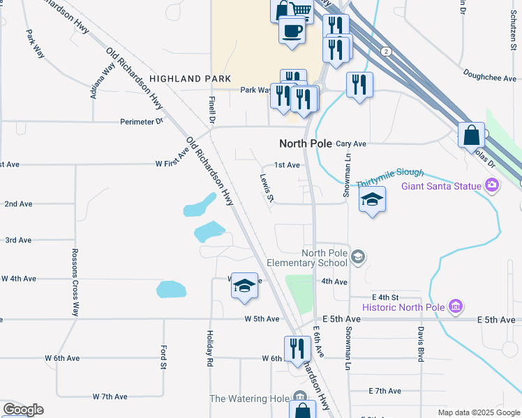 map of restaurants, bars, coffee shops, grocery stores, and more near 157 Lewis Street in North Pole