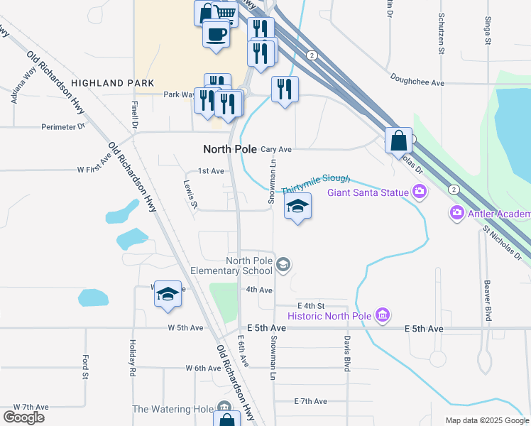 map of restaurants, bars, coffee shops, grocery stores, and more near 168 Kevin's Way in North Pole