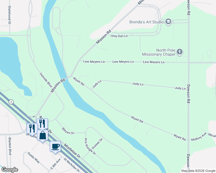 map of restaurants, bars, coffee shops, grocery stores, and more near 3177 Judy Lane in North Pole