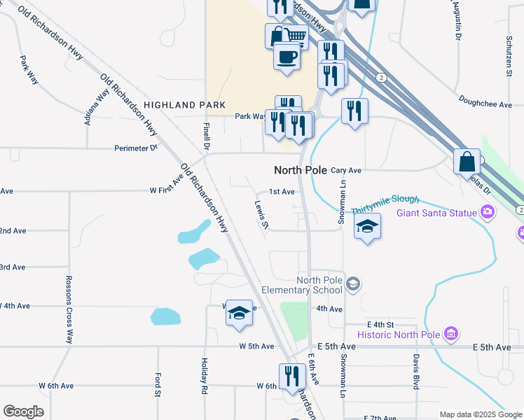 map of restaurants, bars, coffee shops, grocery stores, and more near 157 Lewis Street in North Pole