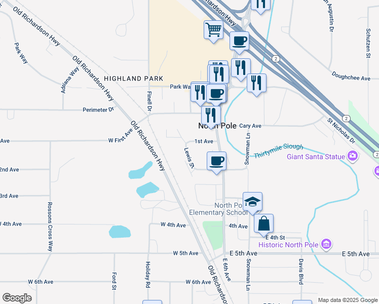 map of restaurants, bars, coffee shops, grocery stores, and more near 231 1st Avenue in North Pole