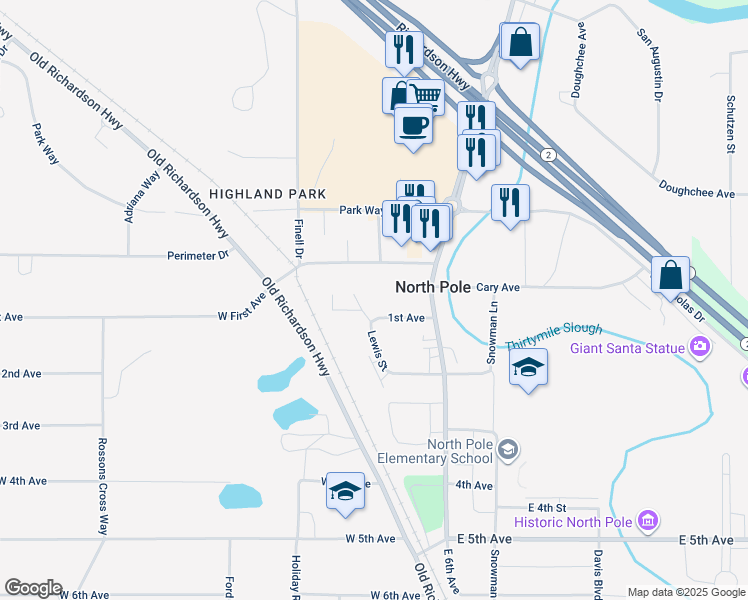 map of restaurants, bars, coffee shops, grocery stores, and more near 231 1st Avenue in North Pole