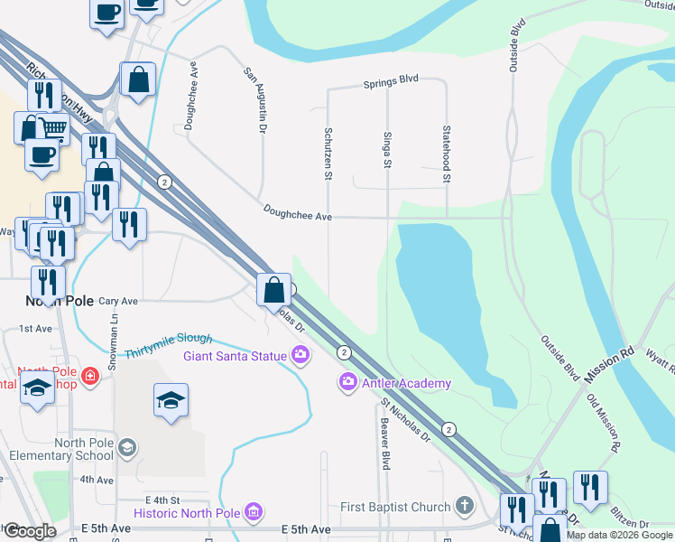 map of restaurants, bars, coffee shops, grocery stores, and more near 2474 Schutzen Street in North Pole