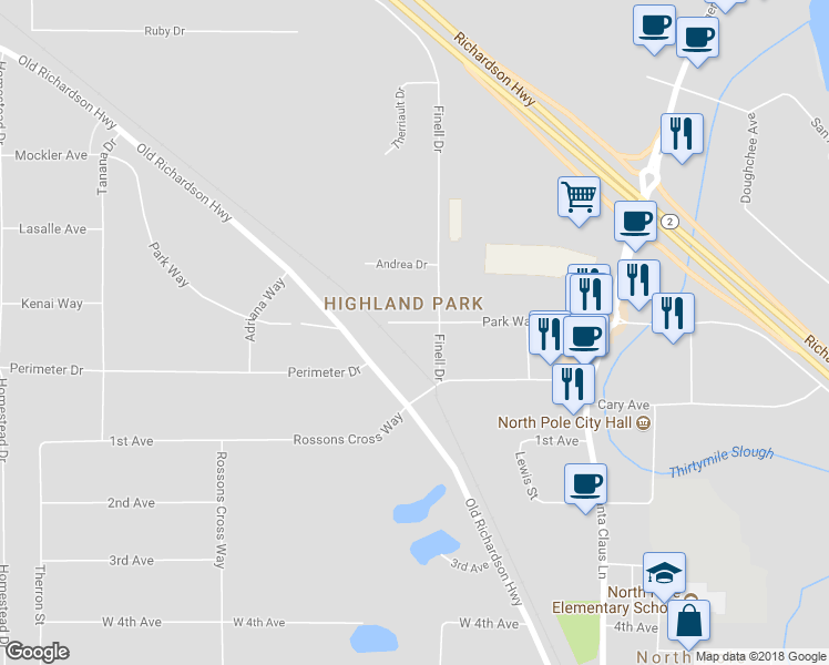 map of restaurants, bars, coffee shops, grocery stores, and more near 366 Park Way in North Pole