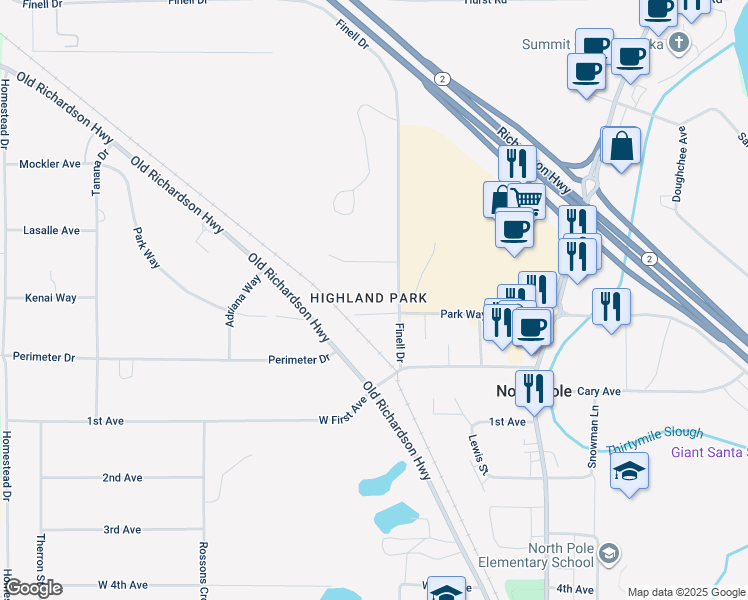 map of restaurants, bars, coffee shops, grocery stores, and more near 366 Park Way in North Pole