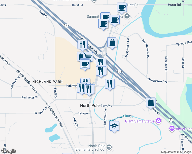 map of restaurants, bars, coffee shops, grocery stores, and more near 449 North Santa Claus Lane in North Pole