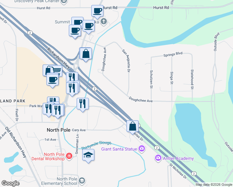 map of restaurants, bars, coffee shops, grocery stores, and more near 2945 Doughchee Avenue in North Pole