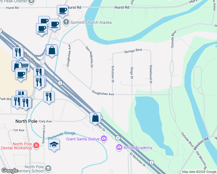 map of restaurants, bars, coffee shops, grocery stores, and more near 2437 Schutzen Street in North Pole