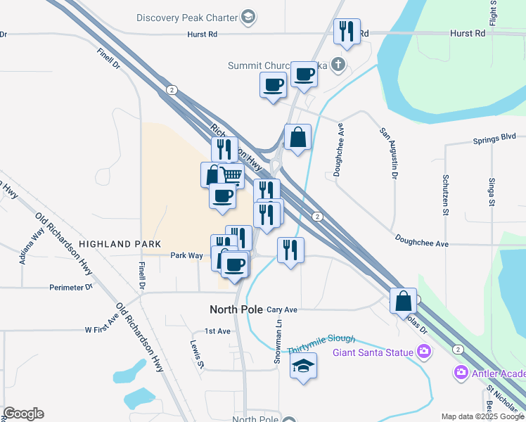map of restaurants, bars, coffee shops, grocery stores, and more near 449-499 North Santa Claus Lane in North Pole