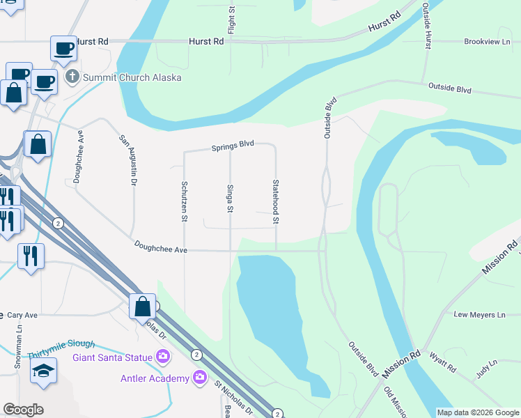 map of restaurants, bars, coffee shops, grocery stores, and more near 2439 Statehood Street in North Pole