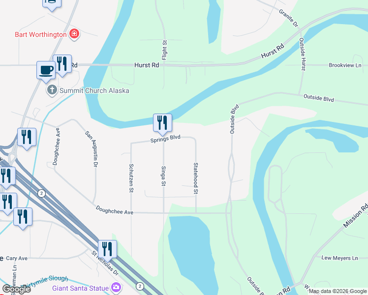 map of restaurants, bars, coffee shops, grocery stores, and more near 3037 Springs Boulevard in North Pole