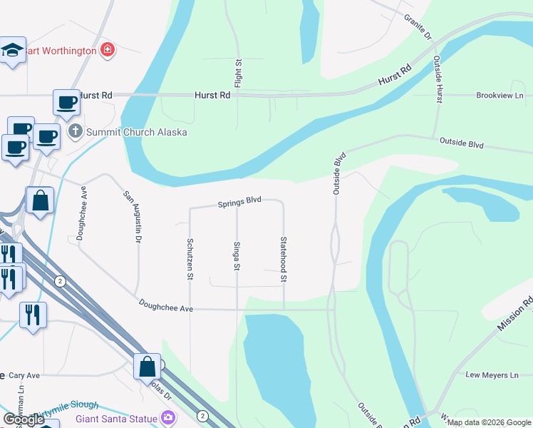 map of restaurants, bars, coffee shops, grocery stores, and more near 3037 Springs Boulevard in North Pole