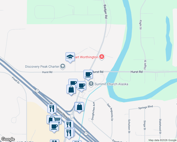map of restaurants, bars, coffee shops, grocery stores, and more near 3330 Badger Rd in North Pole
