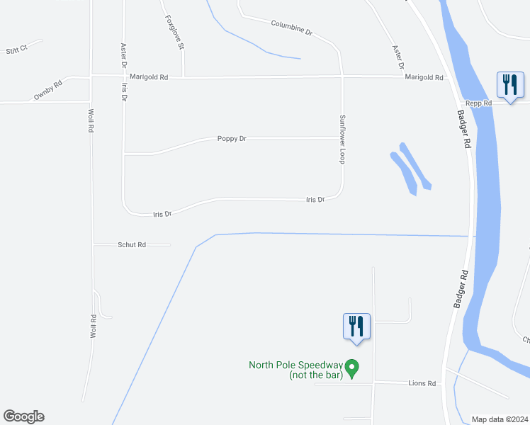 map of restaurants, bars, coffee shops, grocery stores, and more near 2439 Sunflower Loop in North Pole