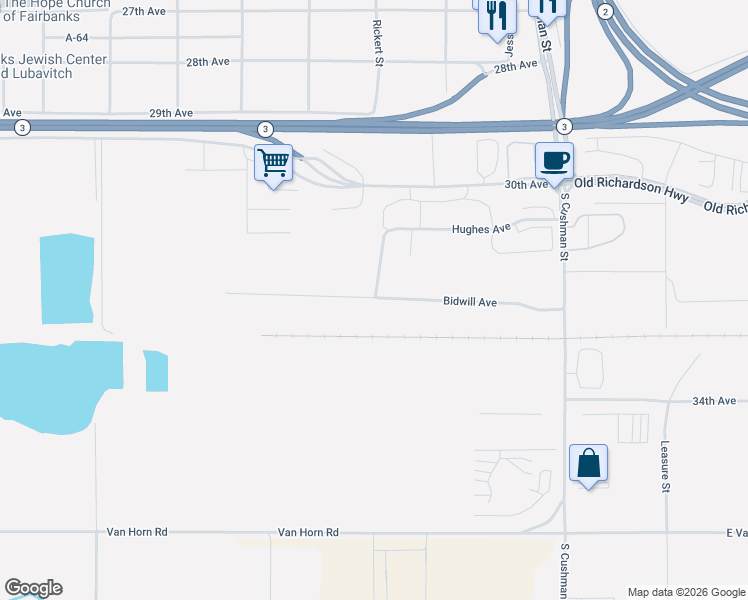map of restaurants, bars, coffee shops, grocery stores, and more near 501-679 Bidwill Avenue in Fairbanks