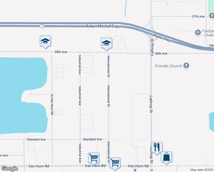 map of restaurants, bars, coffee shops, grocery stores, and more near 3002 International Street in Fairbanks