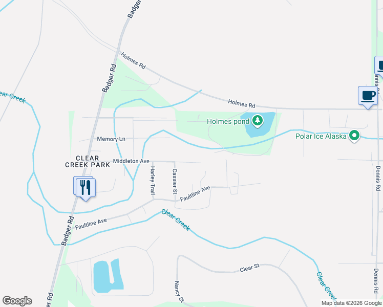 map of restaurants, bars, coffee shops, grocery stores, and more near 1108 Cassier Street in North Pole