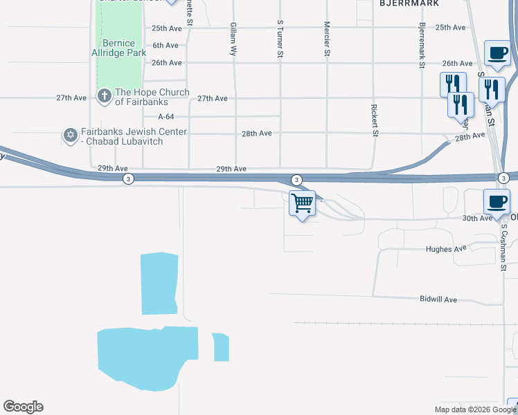 map of restaurants, bars, coffee shops, grocery stores, and more near 1015 30th Avenue in Fairbanks