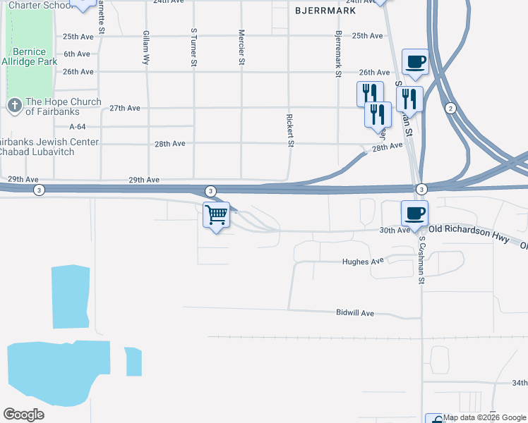 map of restaurants, bars, coffee shops, grocery stores, and more near 728 30th Avenue in Fairbanks