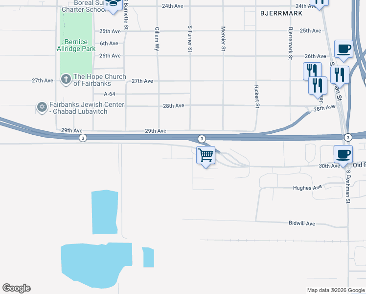 map of restaurants, bars, coffee shops, grocery stores, and more near 1015 30th Avenue in Fairbanks