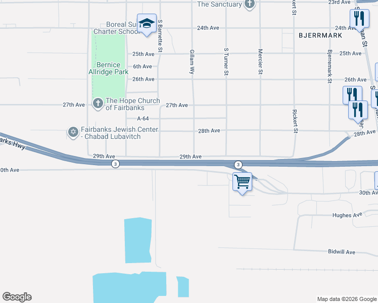 map of restaurants, bars, coffee shops, grocery stores, and more near 2805 Gillam Way in Fairbanks