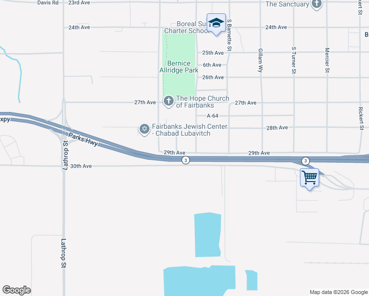map of restaurants, bars, coffee shops, grocery stores, and more near 2806 Wilson Street in Fairbanks