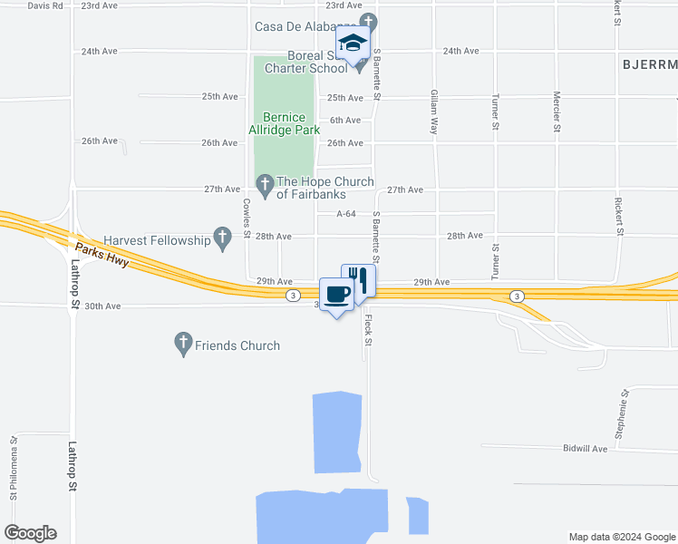 map of restaurants, bars, coffee shops, grocery stores, and more near 1212 29th Avenue in Fairbanks