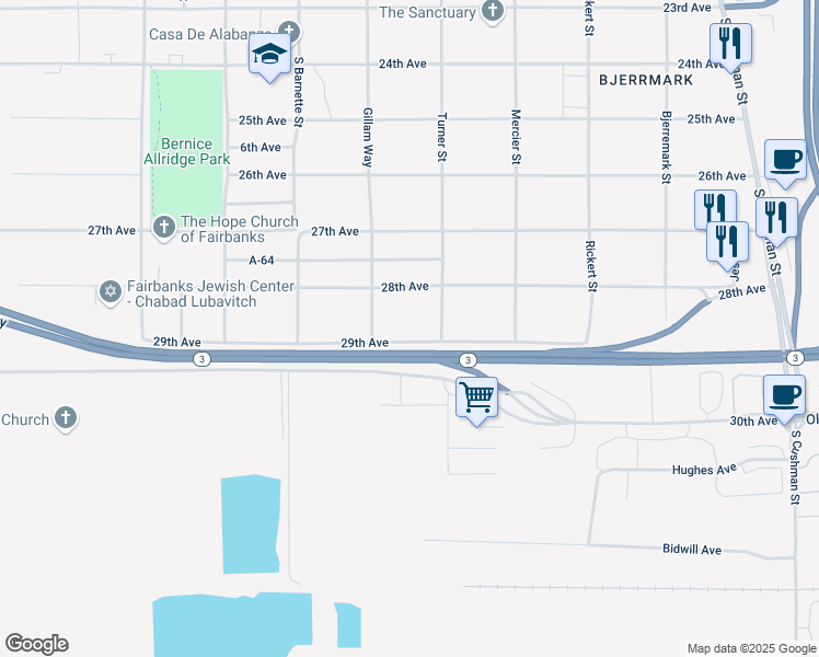 map of restaurants, bars, coffee shops, grocery stores, and more near 1014 29th Avenue in Fairbanks