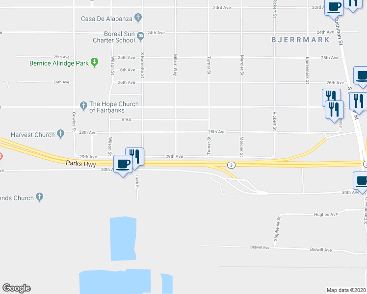 map of restaurants, bars, coffee shops, grocery stores, and more near 2805 Gillam Way in Fairbanks