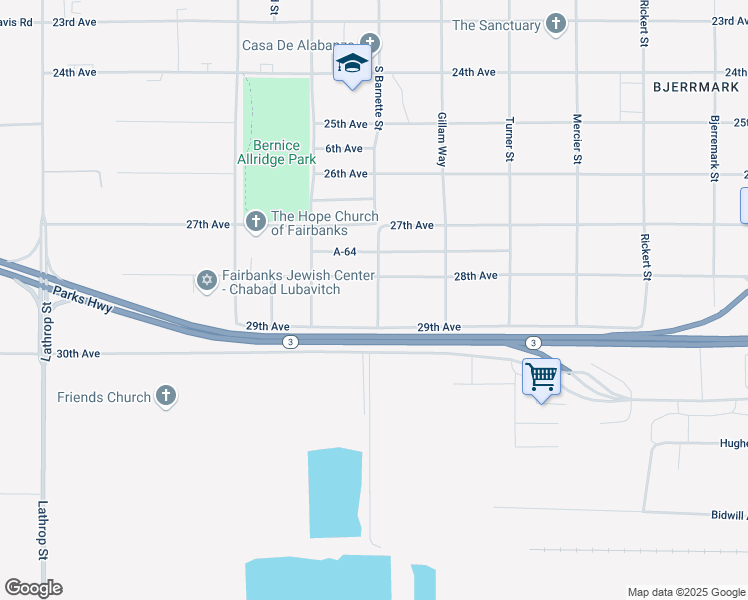 map of restaurants, bars, coffee shops, grocery stores, and more near 2806 South Barnette Street in Fairbanks