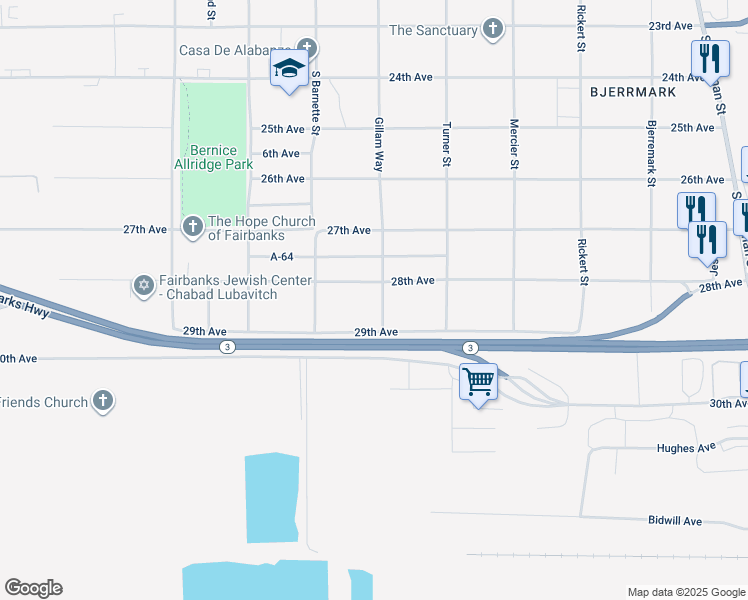 map of restaurants, bars, coffee shops, grocery stores, and more near 2805 Gillam Way in Fairbanks