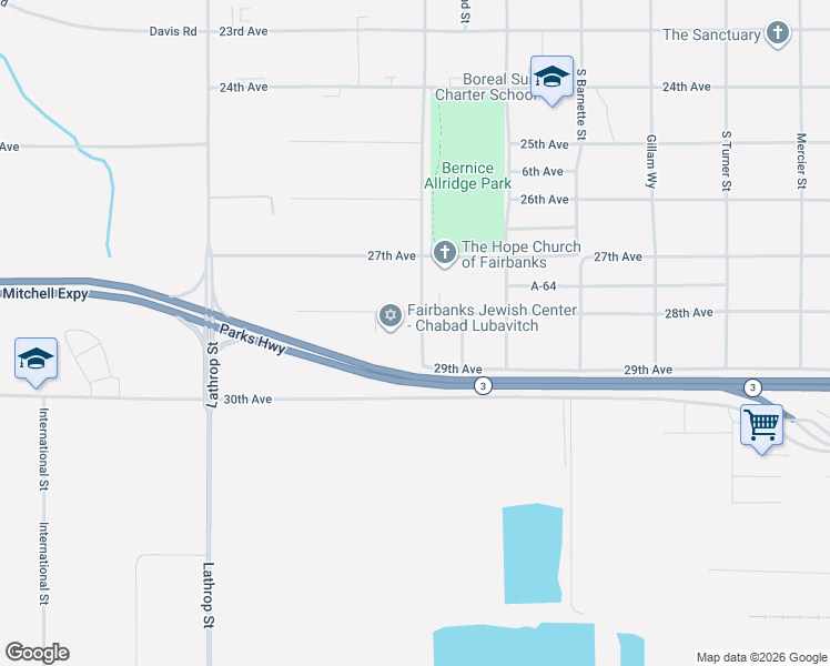 map of restaurants, bars, coffee shops, grocery stores, and more near 2805 Cowles Street in Fairbanks