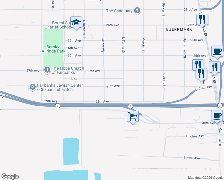 map of restaurants, bars, coffee shops, grocery stores, and more near 1014 29th Avenue in Fairbanks