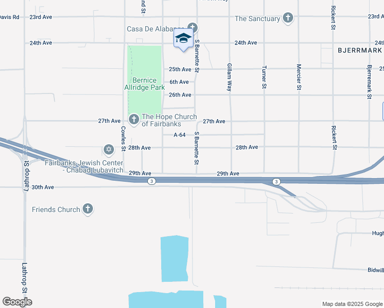 map of restaurants, bars, coffee shops, grocery stores, and more near 2806 South Barnette Street in Fairbanks