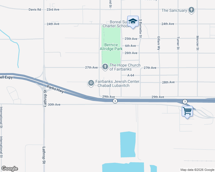 map of restaurants, bars, coffee shops, grocery stores, and more near 1309 28th Avenue in Fairbanks