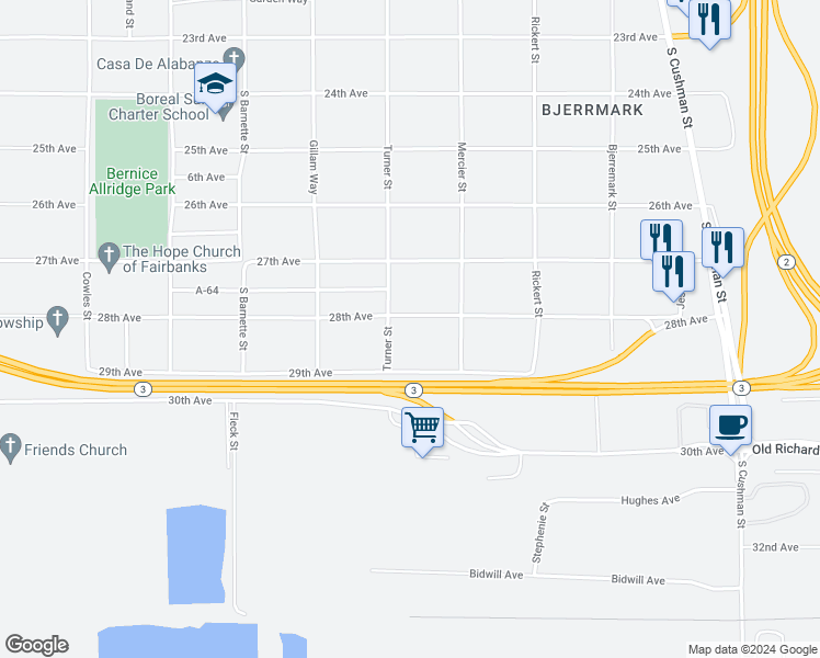 map of restaurants, bars, coffee shops, grocery stores, and more near 925 28th Avenue in Fairbanks