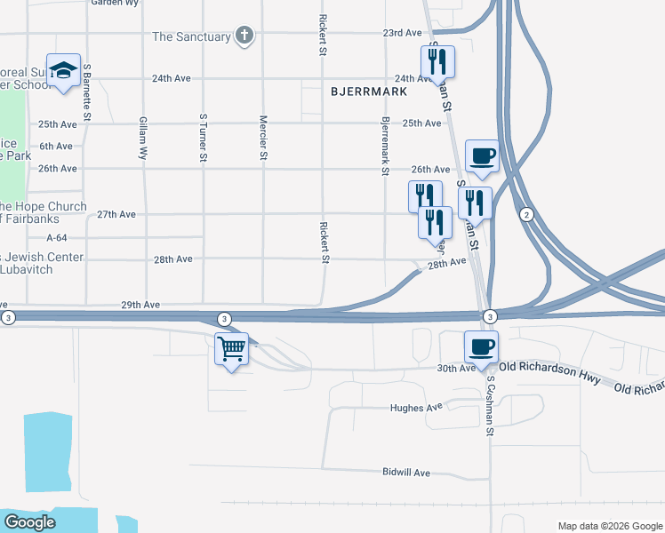 map of restaurants, bars, coffee shops, grocery stores, and more near 731 28th Avenue in Fairbanks