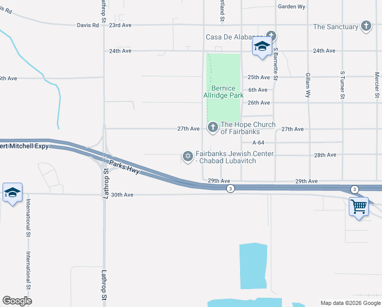 map of restaurants, bars, coffee shops, grocery stores, and more near 1417 28th Avenue in Fairbanks
