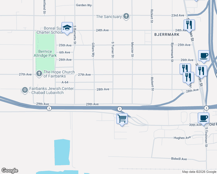 map of restaurants, bars, coffee shops, grocery stores, and more near 1014 29th Avenue in Fairbanks