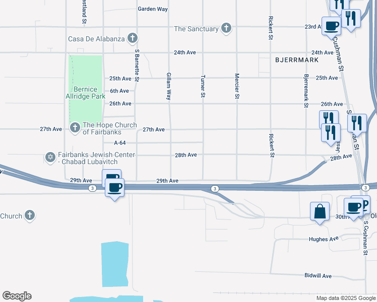 map of restaurants, bars, coffee shops, grocery stores, and more near 1014 29th Avenue in Fairbanks