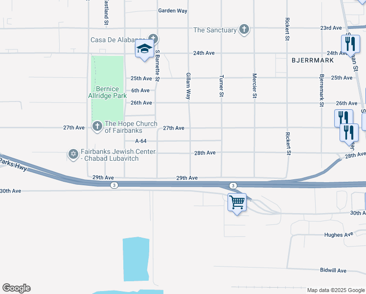 map of restaurants, bars, coffee shops, grocery stores, and more near 1100 28th Avenue in Fairbanks