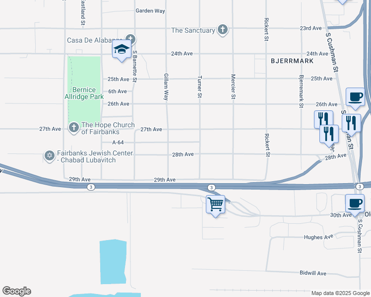 map of restaurants, bars, coffee shops, grocery stores, and more near 1033 27th Avenue in Fairbanks