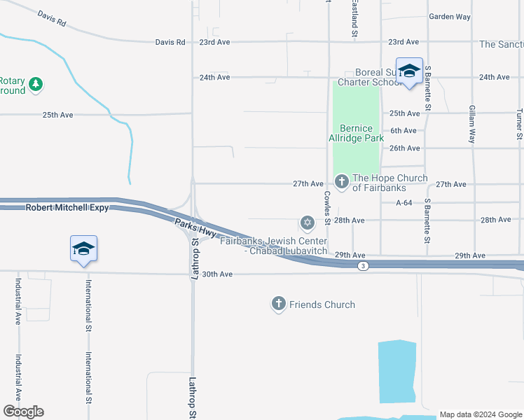 map of restaurants, bars, coffee shops, grocery stores, and more near 1516 28th Avenue in Fairbanks