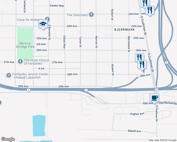 map of restaurants, bars, coffee shops, grocery stores, and more near 912 27th Avenue in Fairbanks
