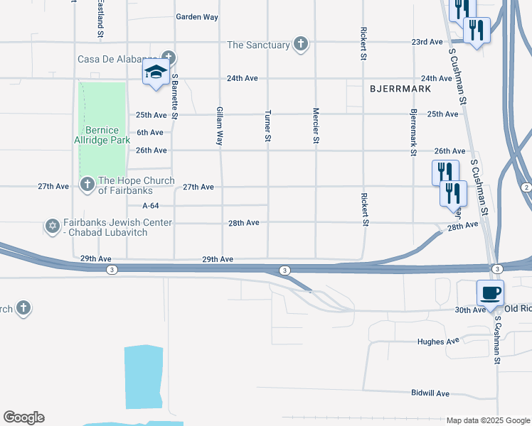 map of restaurants, bars, coffee shops, grocery stores, and more near 2631 Turner Street in Fairbanks