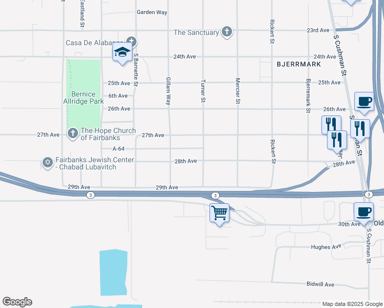 map of restaurants, bars, coffee shops, grocery stores, and more near 1033 27th Avenue in Fairbanks