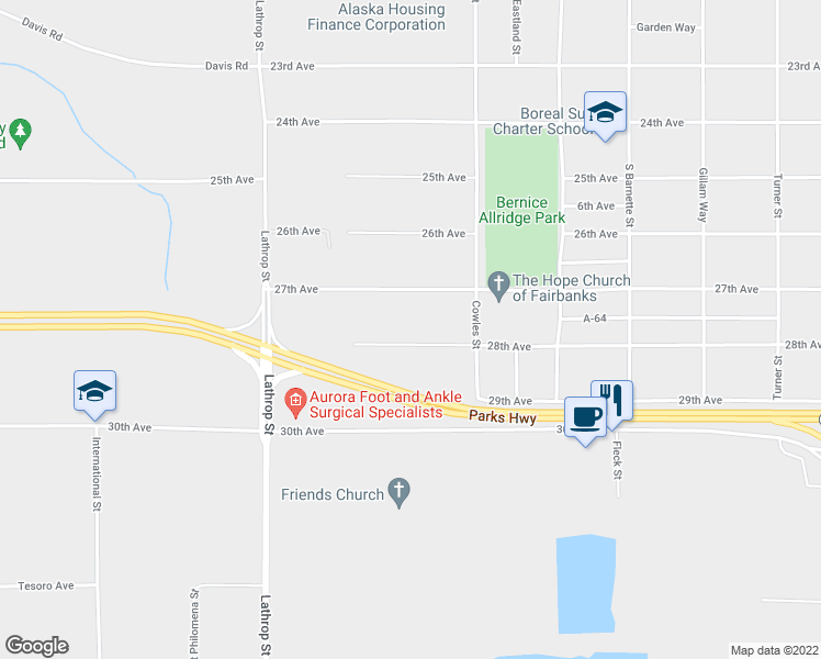 map of restaurants, bars, coffee shops, grocery stores, and more near 1504 28th Avenue in Fairbanks